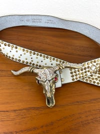 Image 4 of Vintage 1980s Brass Cowskull Crystal Embellished Leather Studded Belt by Chad Calvin