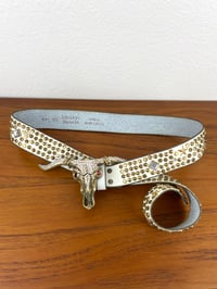 Image 7 of Vintage 1980s Brass Cowskull Crystal Embellished Leather Studded Belt by Chad Calvin