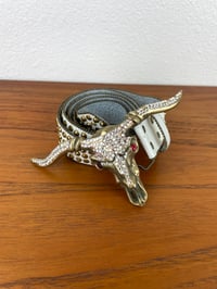 Image 8 of Vintage 1980s Brass Cowskull Crystal Embellished Leather Studded Belt by Chad Calvin