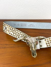 Image 9 of Vintage 1980s Brass Cowskull Crystal Embellished Leather Studded Belt by Chad Calvin
