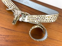 Image 11 of Vintage 1980s Brass Cowskull Crystal Embellished Leather Studded Belt by Chad Calvin
