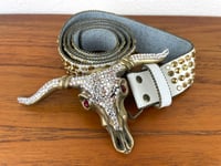 Image 1 of Copy of Vintage 1980s Brass Cowskull Crystal Embellished Leather Studded Belt by Chad Calvin