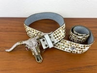 Image 2 of Copy of Vintage 1980s Brass Cowskull Crystal Embellished Leather Studded Belt by Chad Calvin