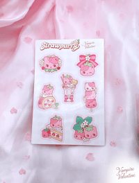 Image 2 of Strawpurry Strawberry Kitten Pink Cat Glossy Sticker Sheet