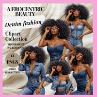 Image 1 of 12 PNGs, Afrocentric Denim Fashion Woman Clipart Set for Sublimation and Crafts (DIGITAL DOWNLOAD)