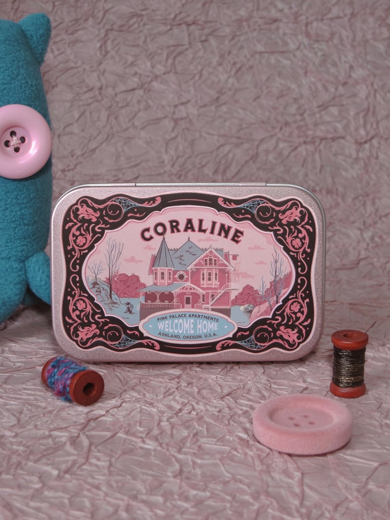 Coraline Button Box Pin in Tin Box Packaging