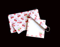 Image 1 of Handmade Strawberry Matching Set, fruit, pink, stripes, gift, zipper, book, lanyard, notepad