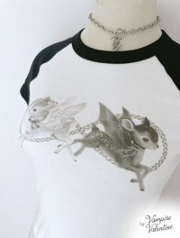 Image 2 of Devil & Angel Deer Baby Tee | Black and White Fawn Art on Women's Raglan Cropped Shirt