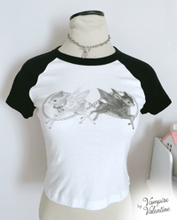 Image 3 of Devil & Angel Deer Baby Tee | Black and White Fawn Art on Women's Raglan Cropped Shirt