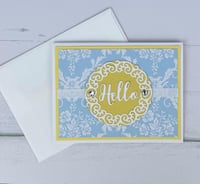 Image 2 of Pastel Card Making Kit for Adults to DIY 6 Light Blue Damask "Hello" Handmade Greeting Cards