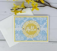 Image 3 of Pastel Card Making Kit for Adults to DIY 6 Light Blue Damask "Hello" Handmade Greeting Cards