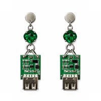 St.Patrick│Microchip Circuit Board Earrings with Green Glass Stone 