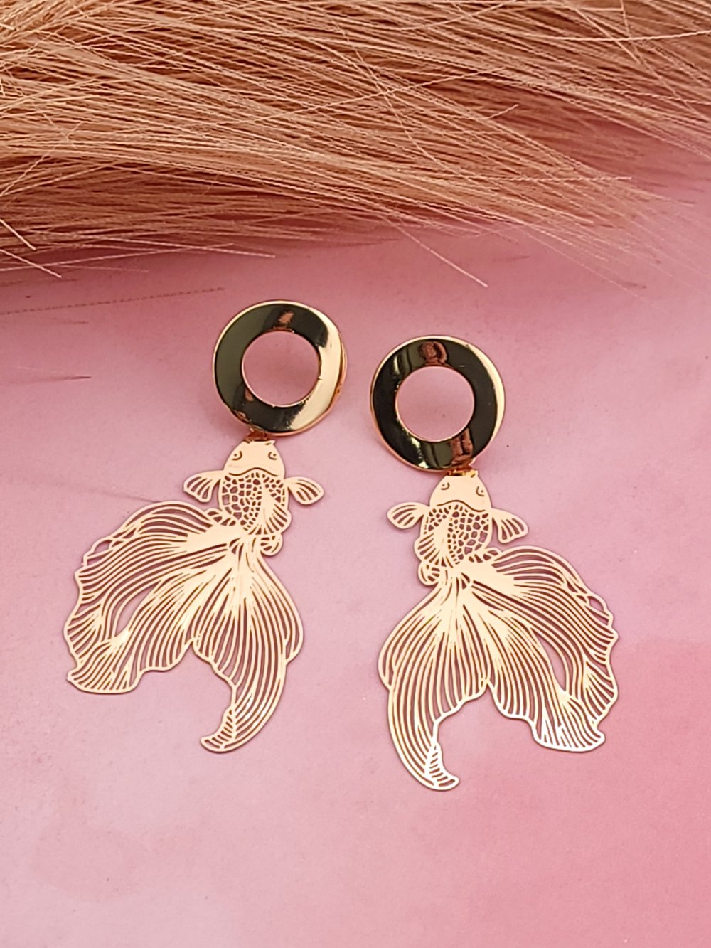Image of Minimalist Open Circle Koi Fish Dangle Earrings – 18k Gold Plated