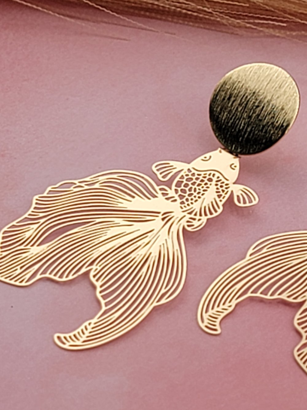 Image of 18k Gold Plated Hammered Circle Disc & Koi Fish Statement Earrings
