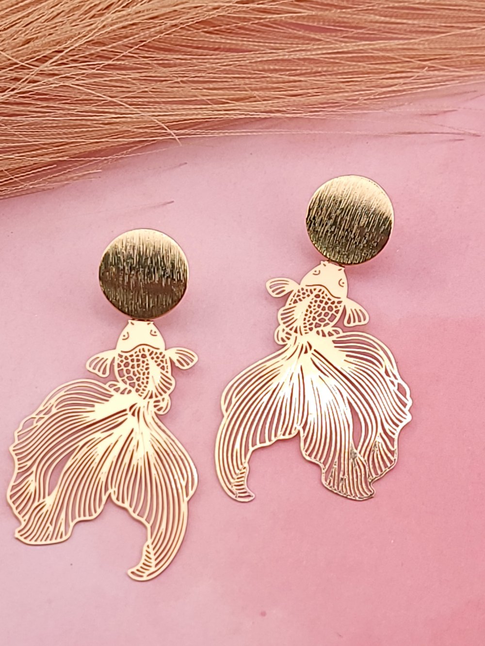 Image of 18k Gold Plated Hammered Circle Disc & Koi Fish Statement Earrings