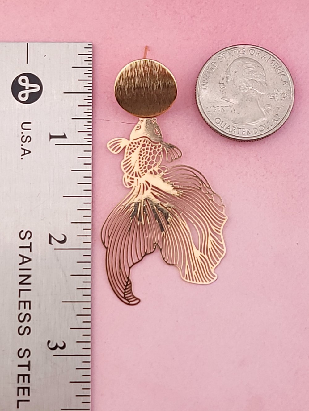 Image of 18k Gold Plated Hammered Circle Disc & Koi Fish Statement Earrings