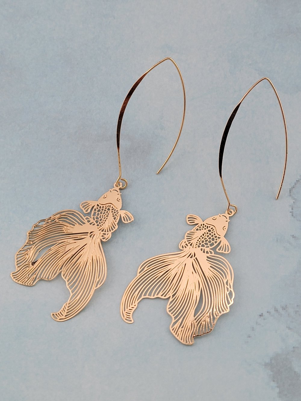 Image of Long Elongated Hook Koi Fish Earrings – 18k Gold Plated Boho Dangles