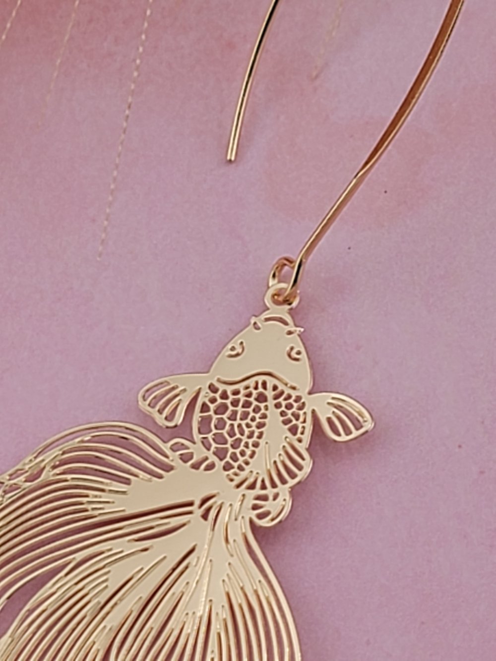 Image of Long Elongated Hook Koi Fish Earrings – 18k Gold Plated Boho Dangles