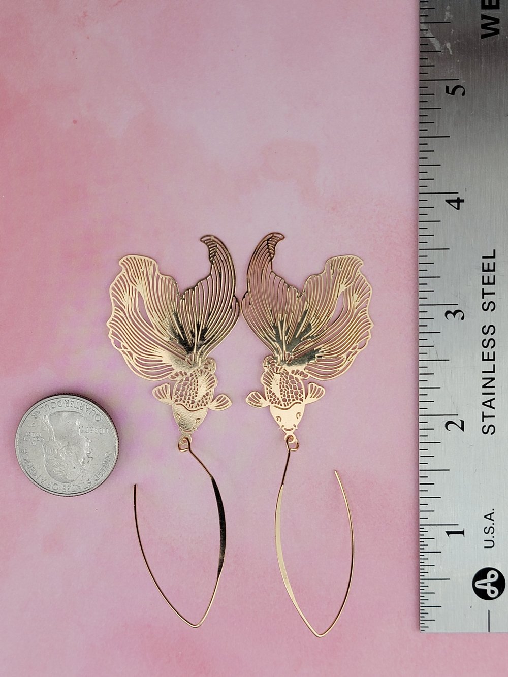 Image of Long Elongated Hook Koi Fish Earrings – 18k Gold Plated Boho Dangles