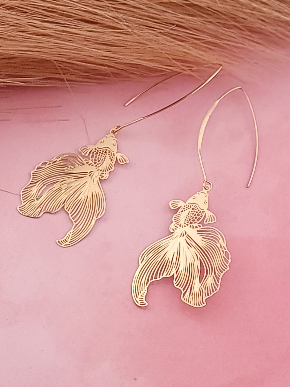 Image of Long Elongated Hook Koi Fish Earrings – 18k Gold Plated Boho Dangles