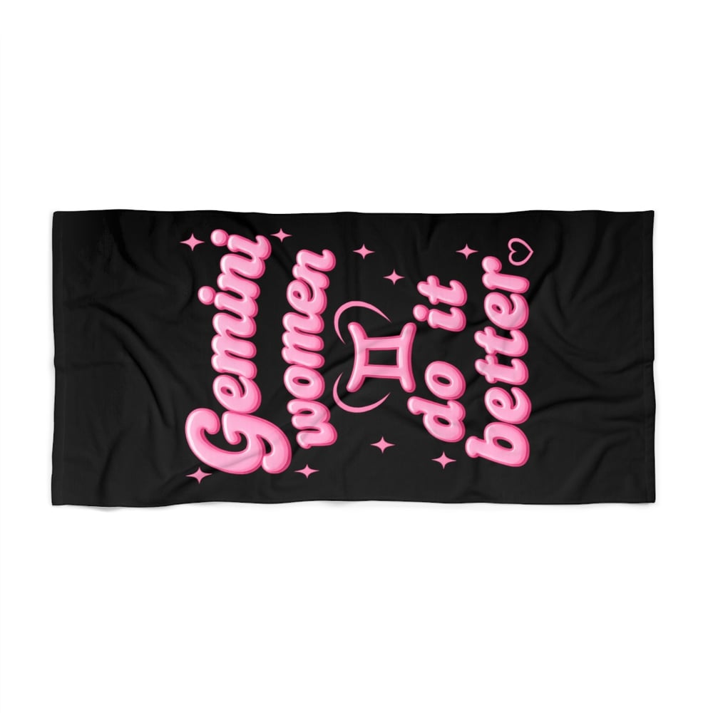 Image of Gemini Women Beach Towel — "Gemini women do it better" Pink Script Zodiac Towel