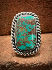 Image 3 of WL&A Handmade Heavy Ingot Sunburst Gem Pilot Mtn Turquoise Ring - Size 12.75