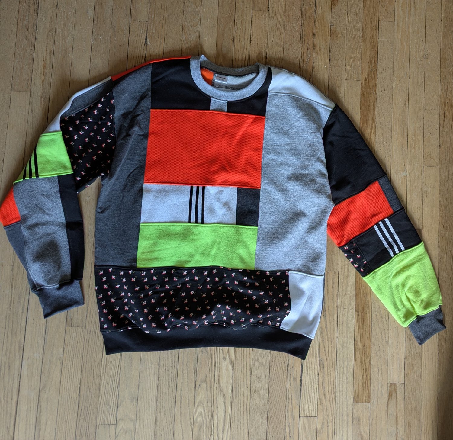 Image of OAK Unisex's Oversized Medium Neon Black and White Patchwork Crew Neck