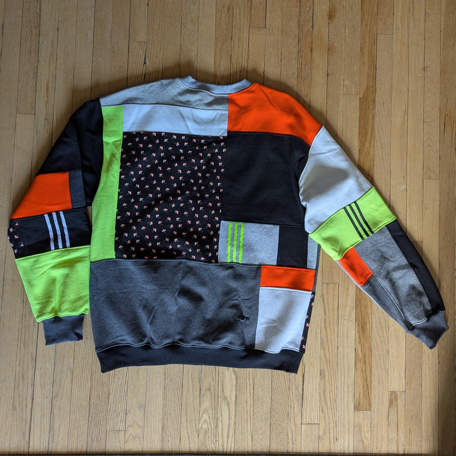 Image of OAK Unisex's Oversized Medium Neon Black and White Patchwork Crew Neck