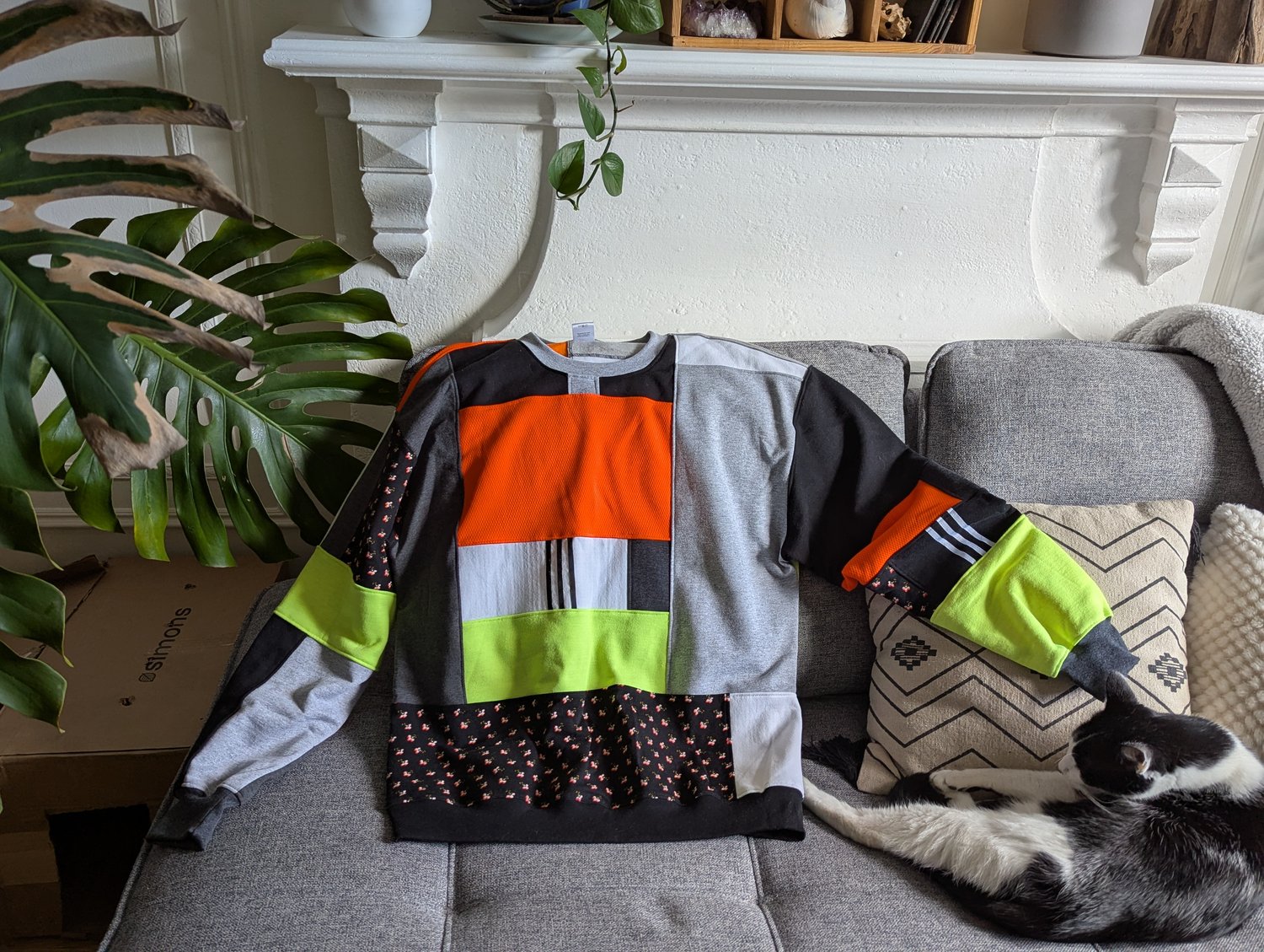 Image of OAK Unisex's Oversized Medium Neon Black and White Patchwork Crew Neck
