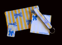 Image 1 of Handmade Yellow Striped Matching Set, blue, bow, gift, zipper, bookmark, lanyard, notepad