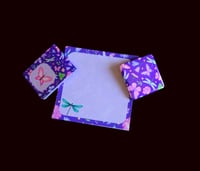Image 1 of Handmade Purple Mini Notepad Set, writing, gift, note, pad, bookmark, magnet, butterfly, dragonfly