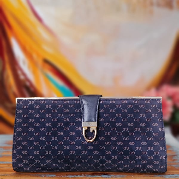 Image of Vtg. Gucci Blue Suede Mini Monogram Clutch/Evening Bag