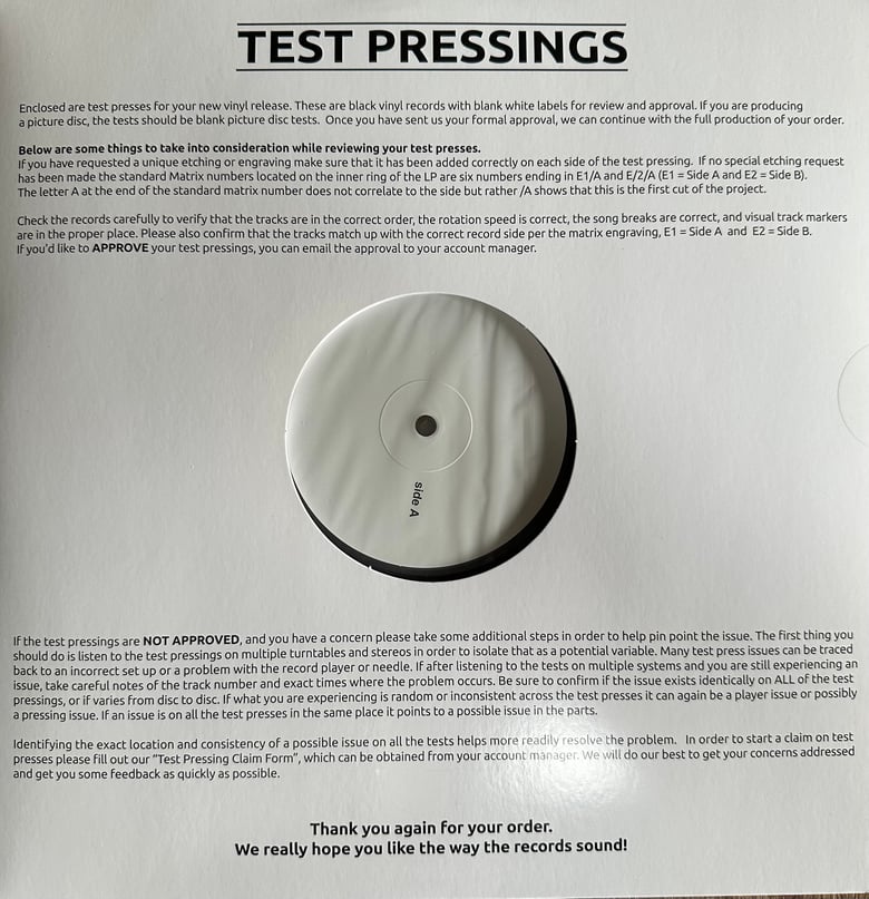 Image of BOSS TUNEAGE TEST PRESSINGS FOR SALE! 