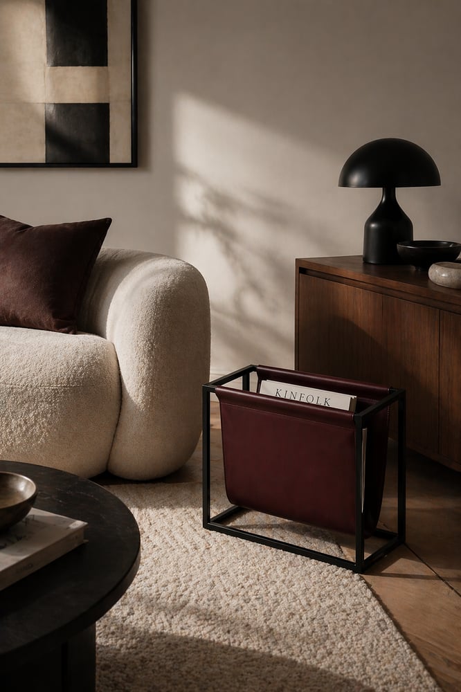 Image of Magazine & Newspaper Holder - Burgundy Leather & Gold or Black Frame 