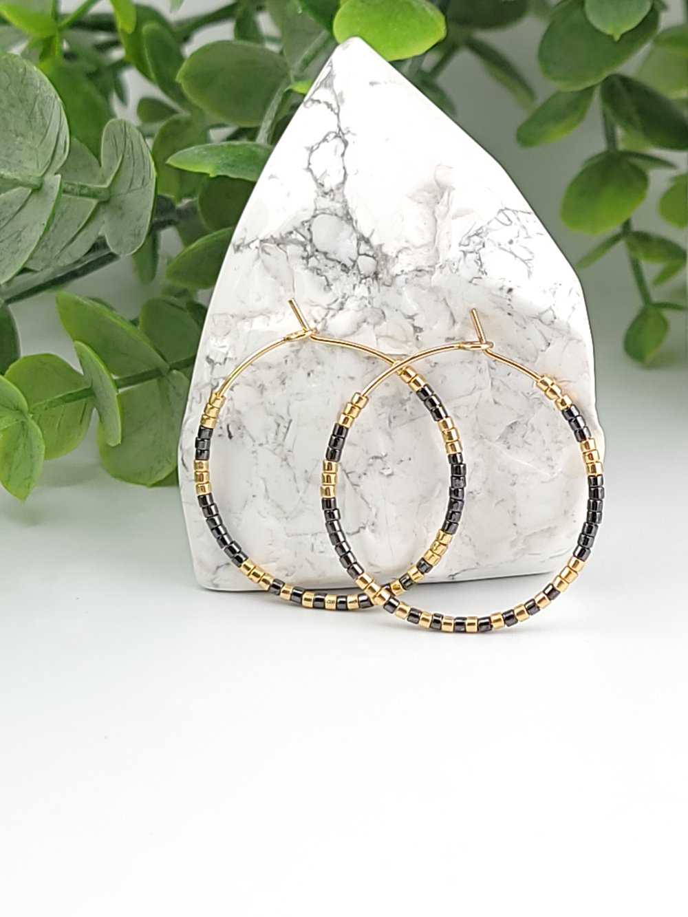 Image of 30mm Gold Surgical Steel Beaded Hoops - Gunmetal & Gold Mixed Metal Earrings 1.18 inch