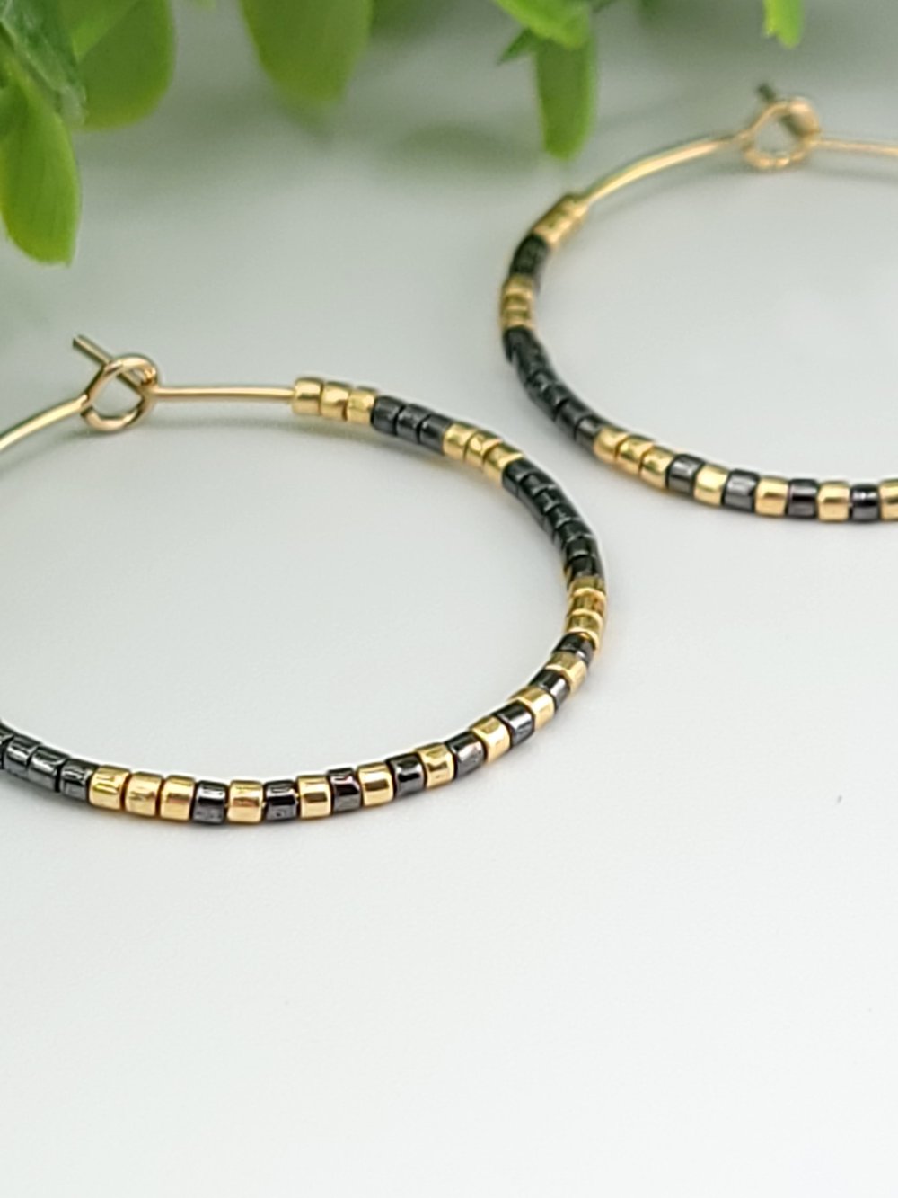 Image of 30mm Gold Surgical Steel Beaded Hoops - Gunmetal & Gold Mixed Metal Earrings 1.18 inch