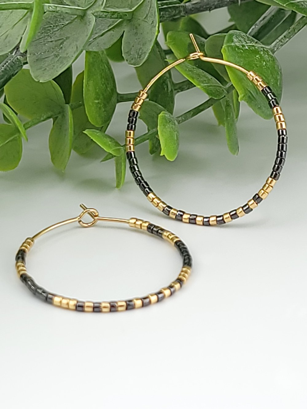 Image of 30mm Gold Surgical Steel Beaded Hoops - Gunmetal & Gold Mixed Metal Earrings 1.18 inch