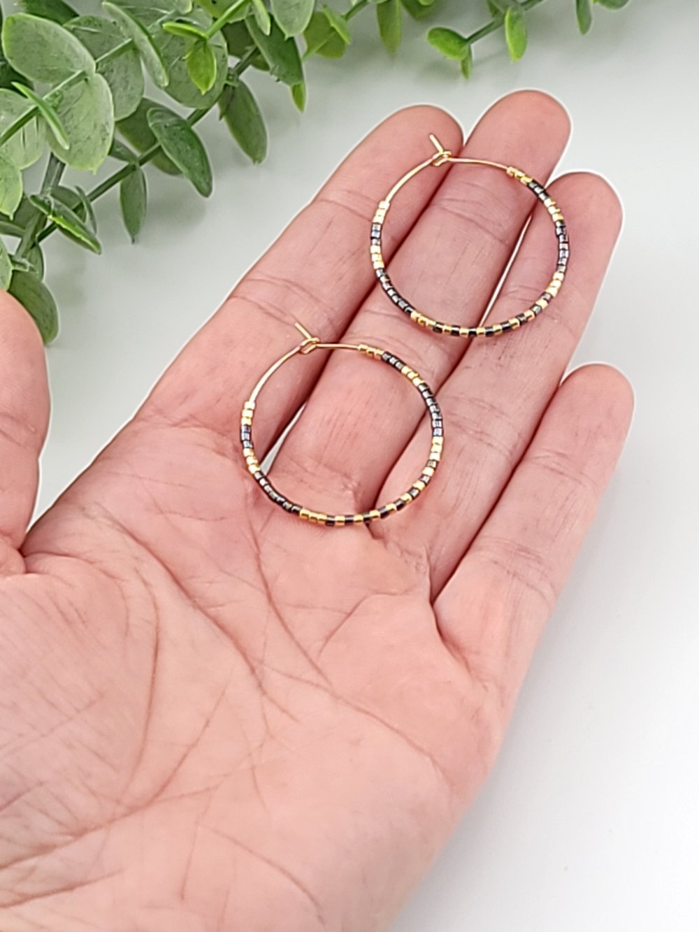 Image of 30mm Gold Surgical Steel Beaded Hoops - Gunmetal & Gold Mixed Metal Earrings 1.18 inch