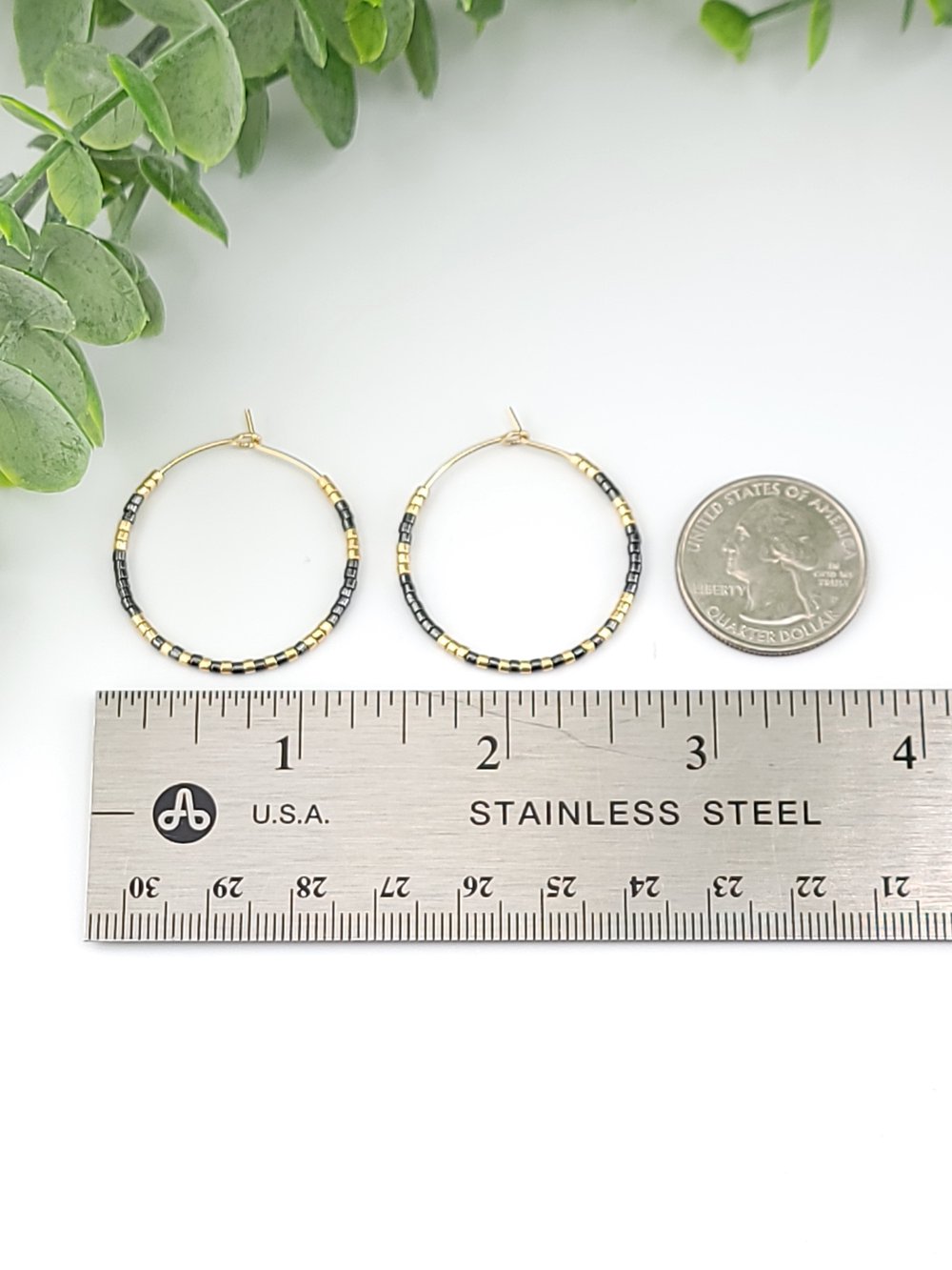 Image of 30mm Gold Surgical Steel Beaded Hoops - Gunmetal & Gold Mixed Metal Earrings 1.18 inch
