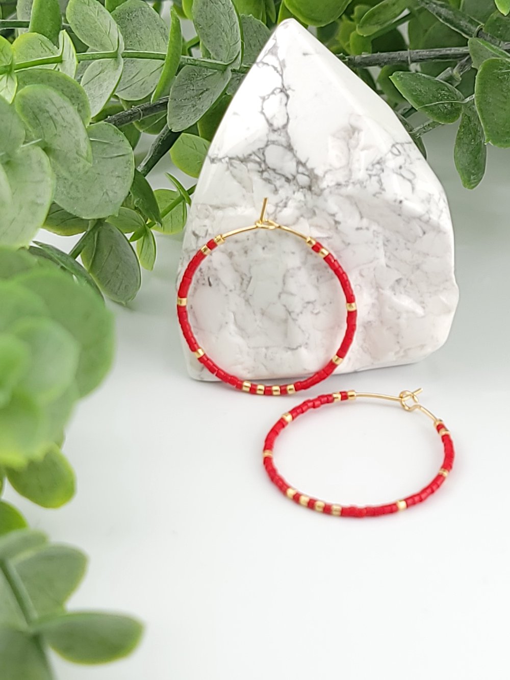 Image of 30mm Gold Surgical Steel Beaded Hoops - Red & Gold Mixed Metal Earrings 1.18 inch