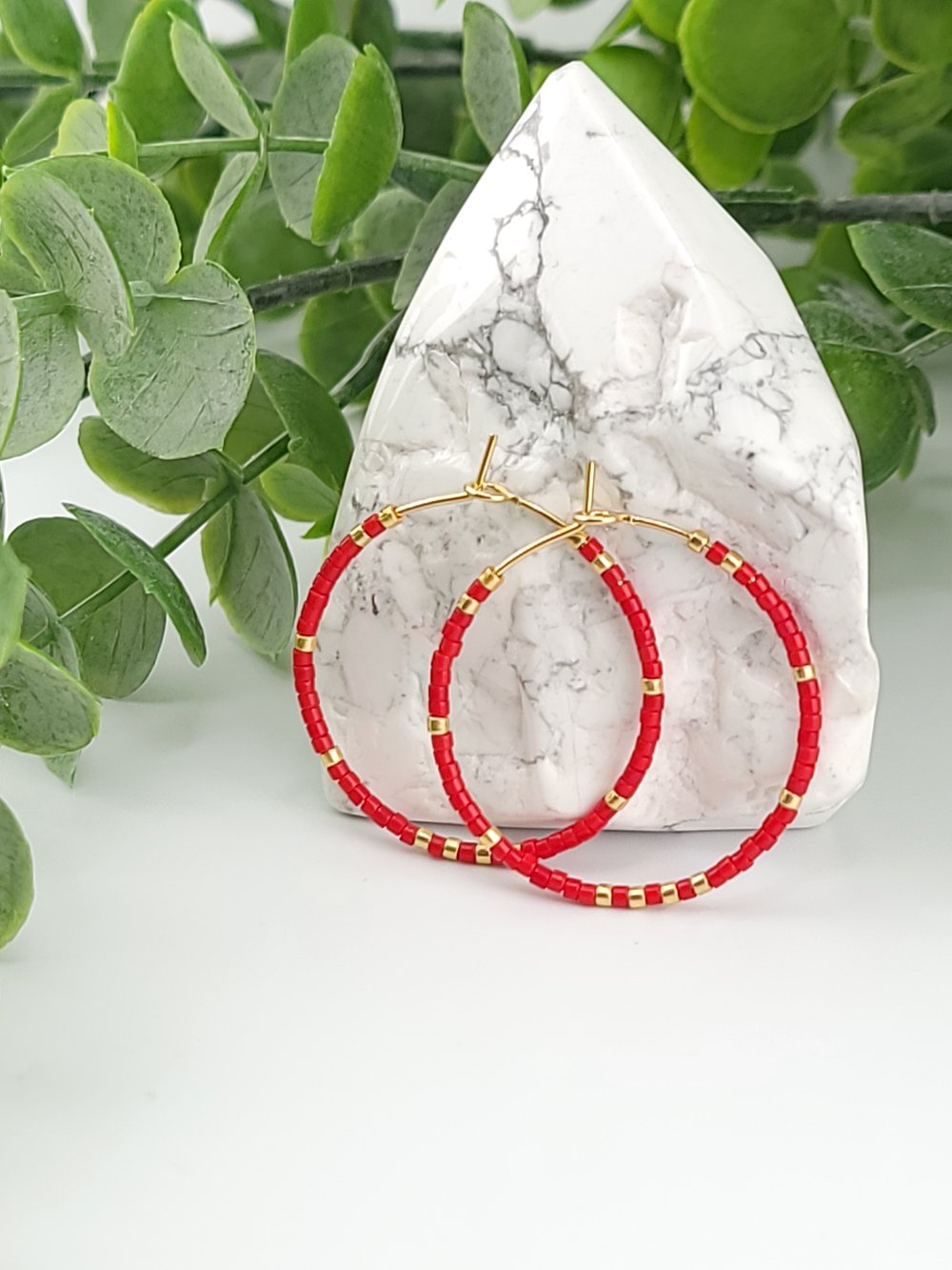 Image of 30mm Gold Surgical Steel Beaded Hoops - Red & Gold Mixed Metal Earrings 1.18 inch