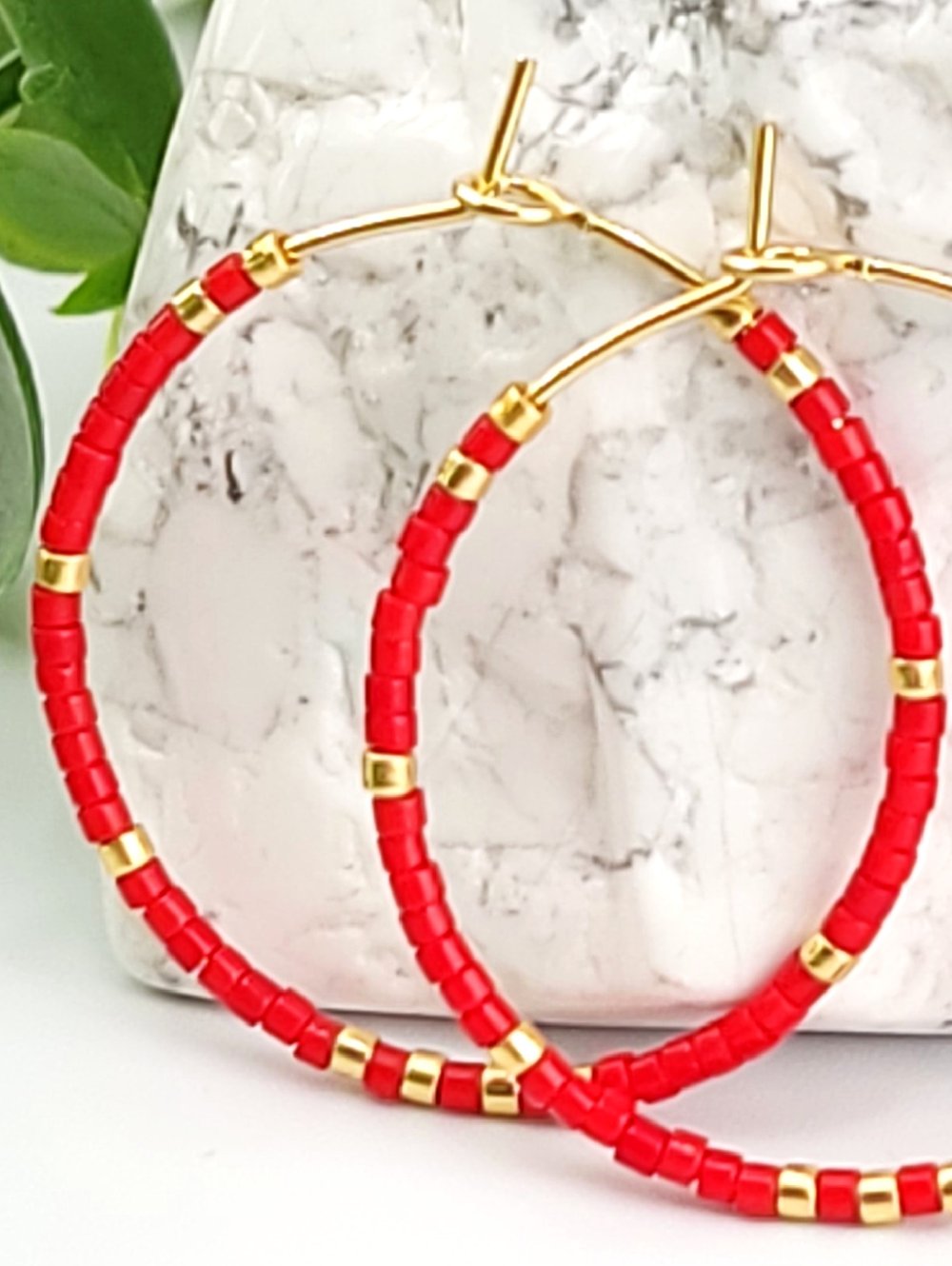 Image of 30mm Gold Surgical Steel Beaded Hoops - Red & Gold Mixed Metal Earrings 1.18 inch
