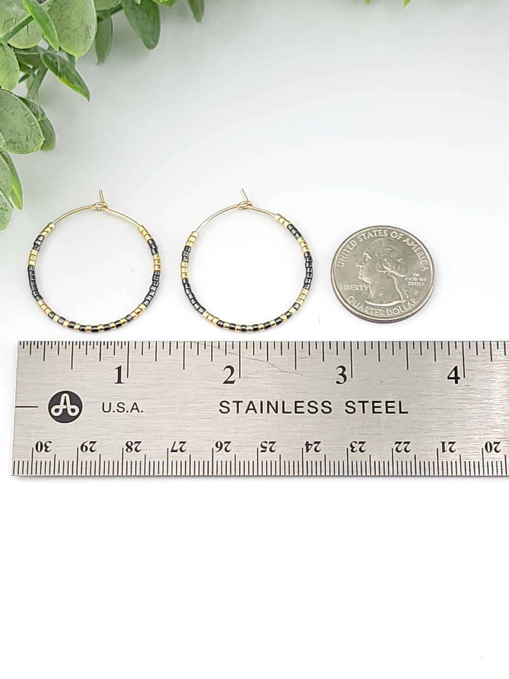 Image of 30mm Silver Surgical Steel Beaded Hoops - Yellow & Nickel Mixed Metal Earrings 1.18 inch