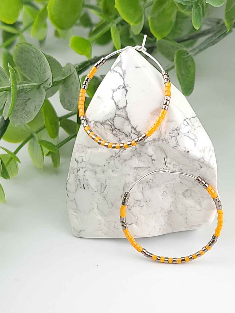 Image of 30mm Silver Surgical Steel Beaded Hoops - Yellow & Nickel Mixed Metal Earrings 1.18 inch
