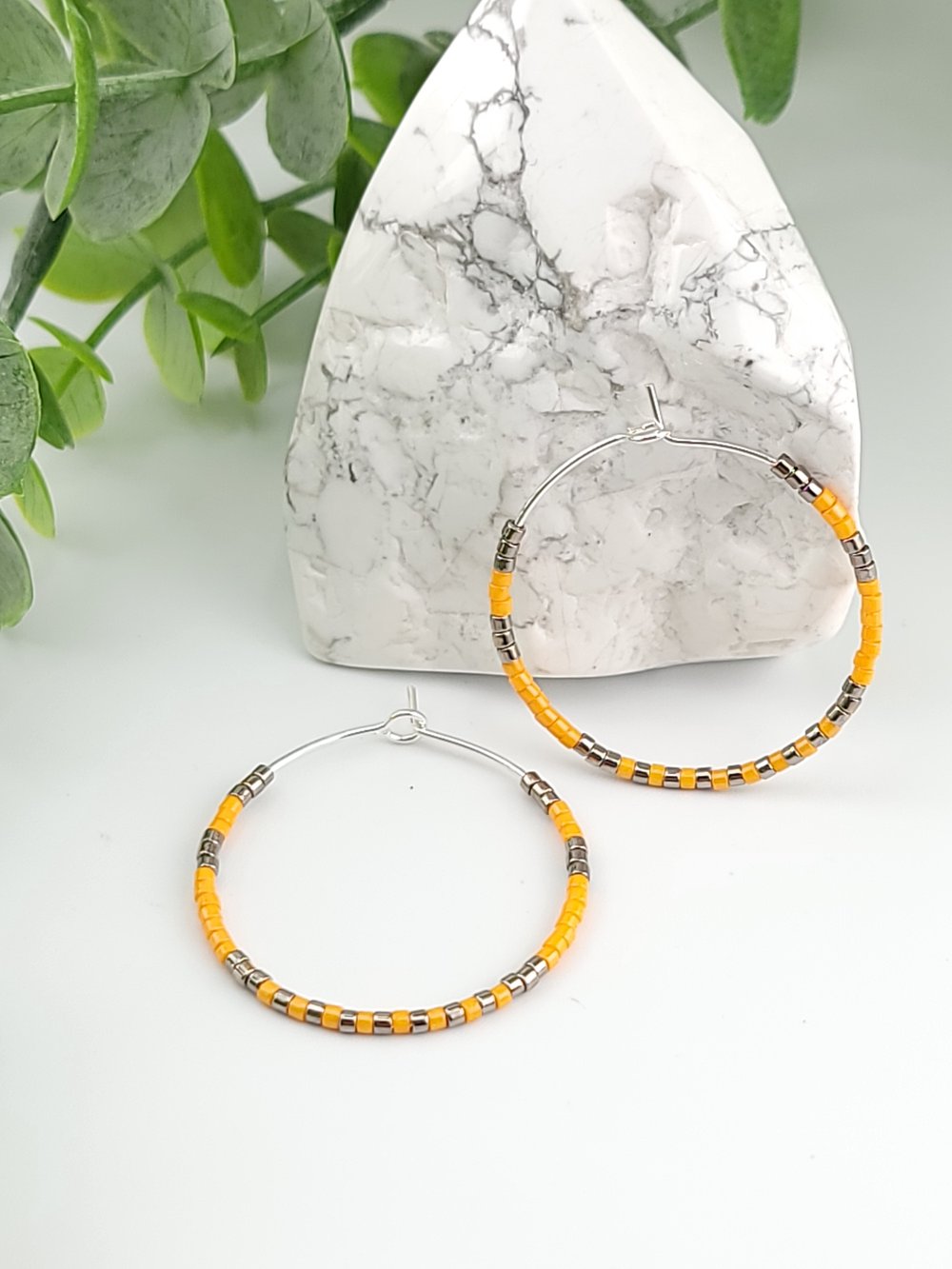 Image of 30mm Silver Surgical Steel Beaded Hoops - Yellow & Nickel Mixed Metal Earrings 1.18 inch