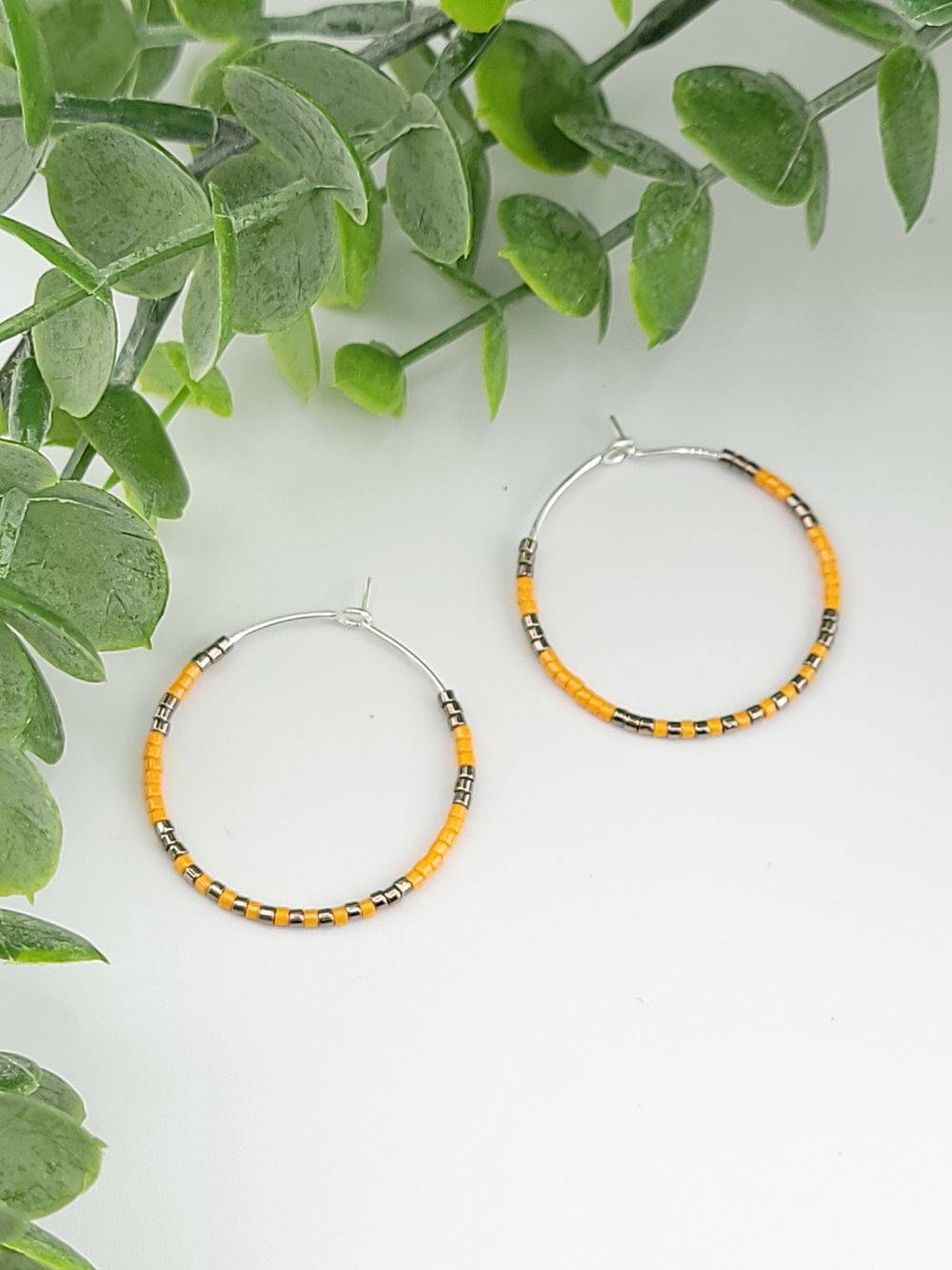 Image of 30mm Silver Surgical Steel Beaded Hoops - Yellow & Nickel Mixed Metal Earrings 1.18 inch
