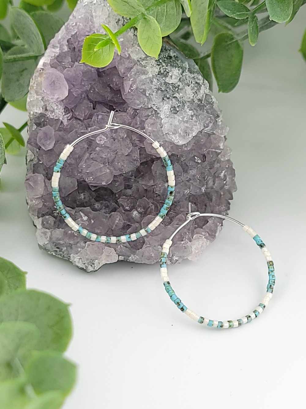 Image of 30mm Silver Surgical Steel Beaded Hoops - Blue Picasso & White Mixed Metal Earrings 1.18 inch
