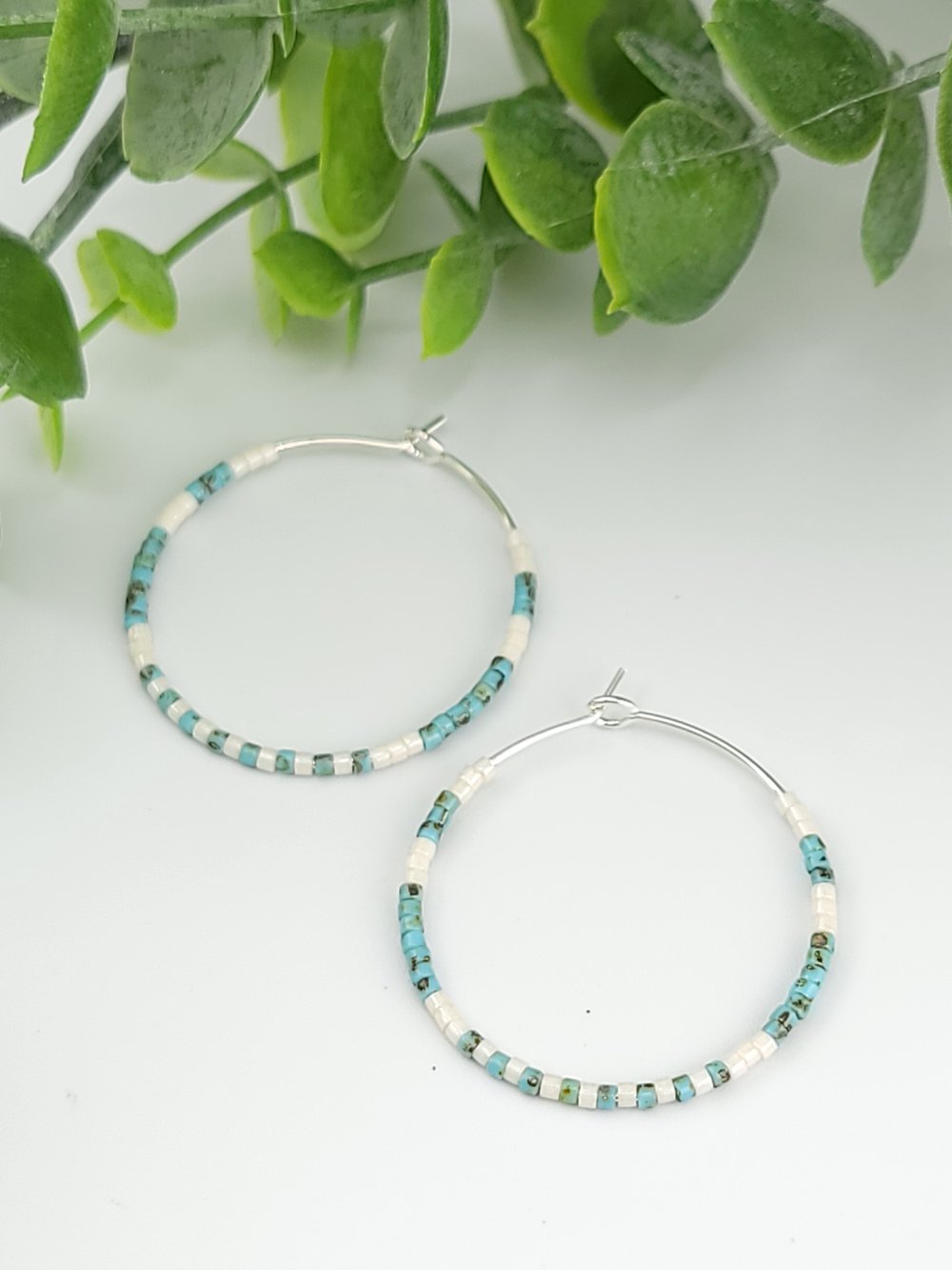 Image of 30mm Silver Surgical Steel Beaded Hoops - Blue Picasso & White Mixed Metal Earrings 1.18 inch