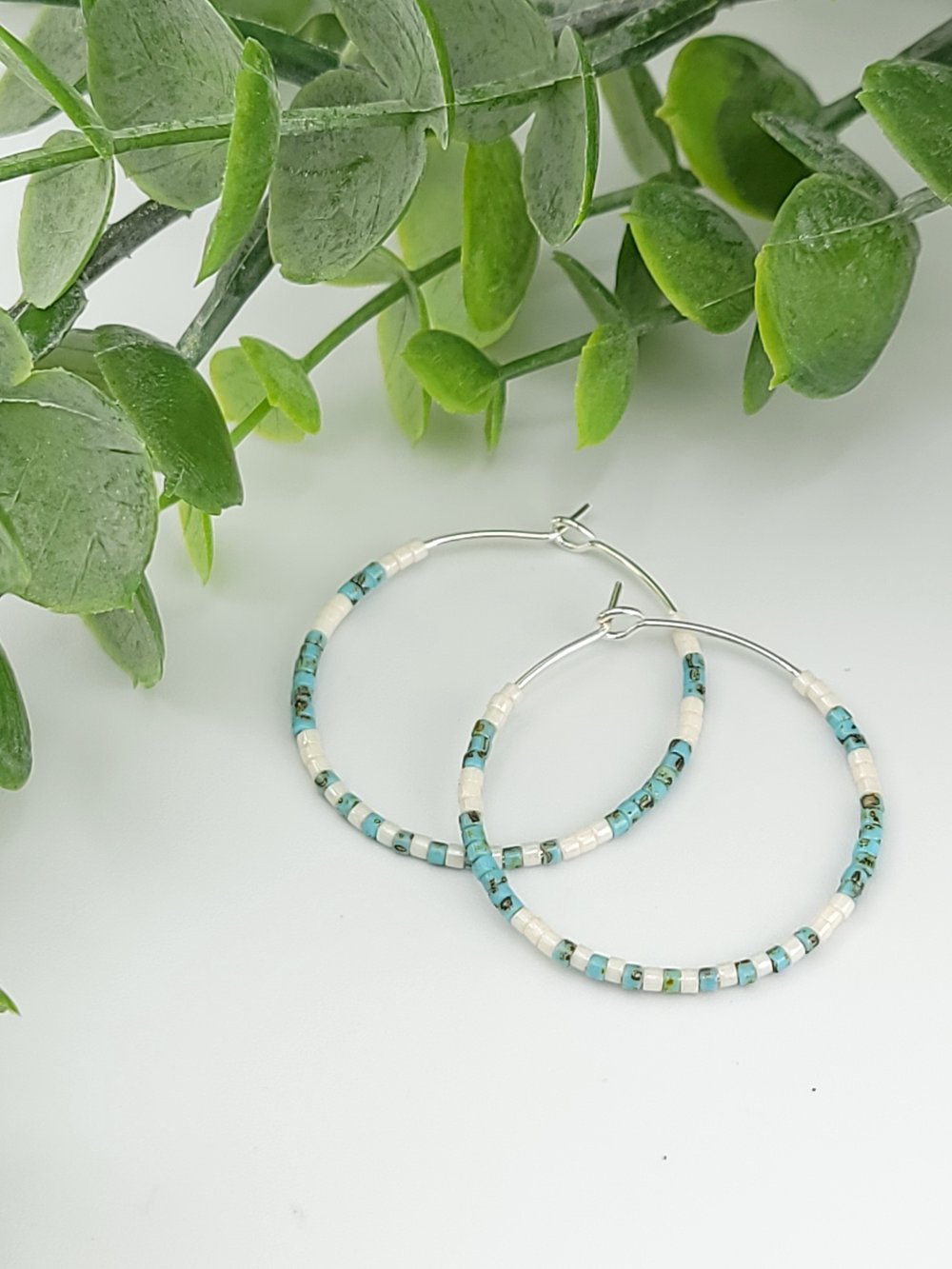 Image of 30mm Silver Surgical Steel Beaded Hoops - Blue Picasso & White Mixed Metal Earrings 1.18 inch