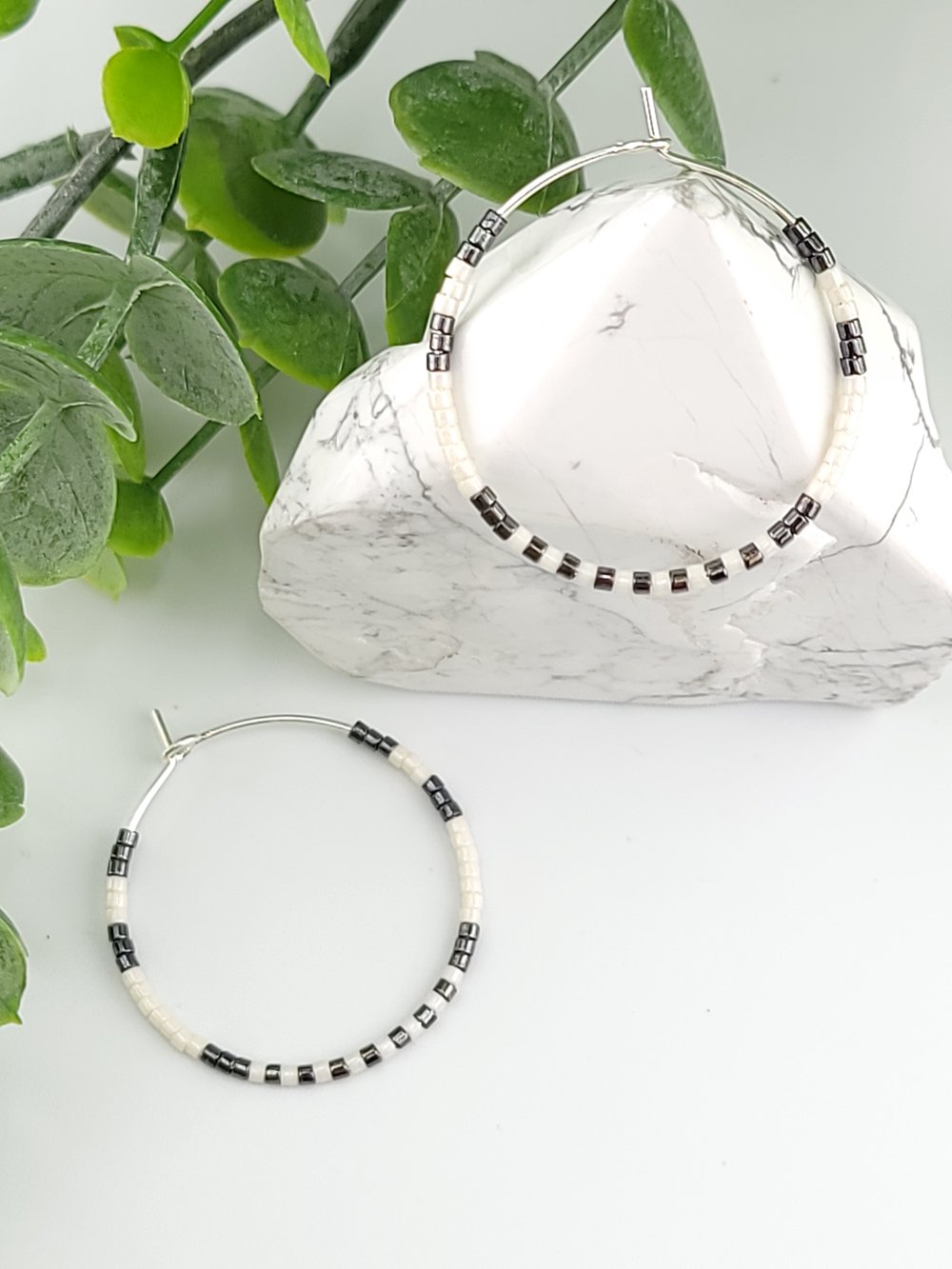 Image of 30mm Silver Surgical Steel Beaded Hoops - White & Gunmetal Mixed Metal Earrings 1.18 inch
